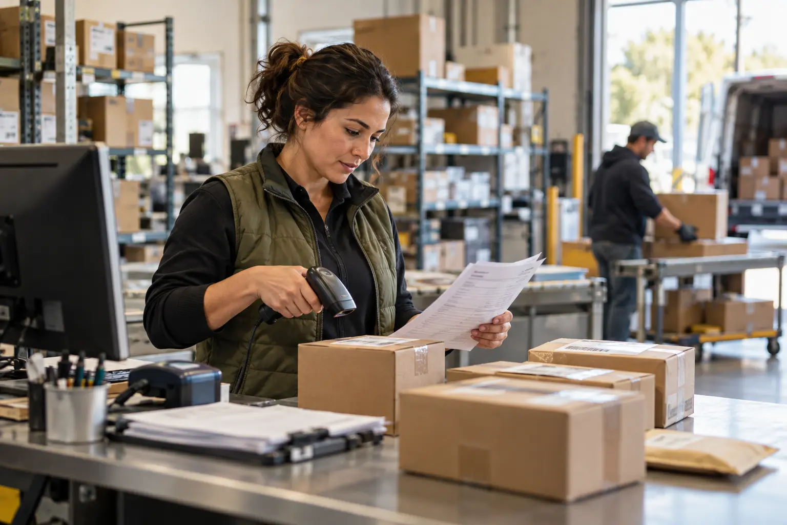 Shipping coordinator checking paperwork and parcels in a dispatch area.