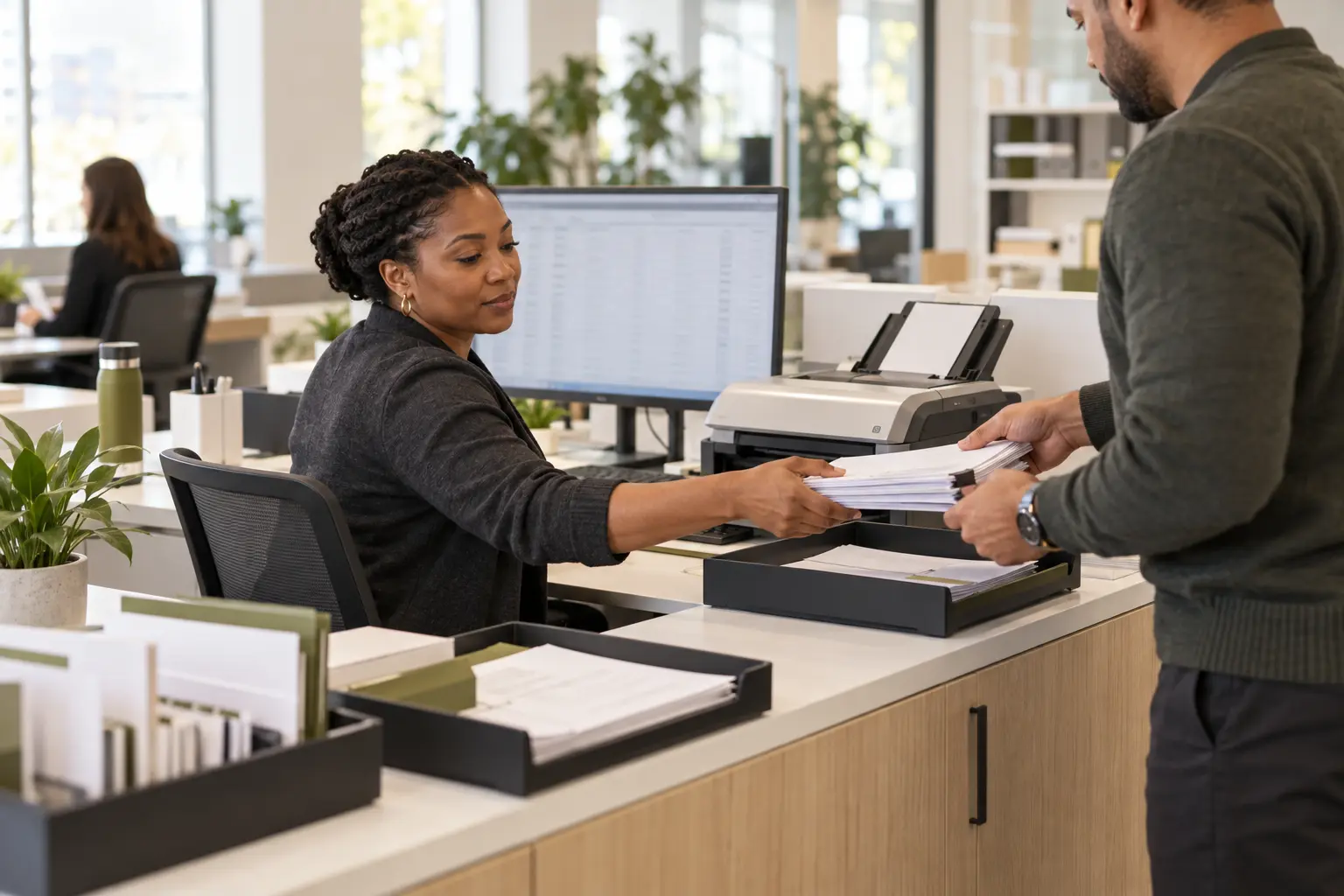 Colleagues handling incoming documents at a finance operations workstation.