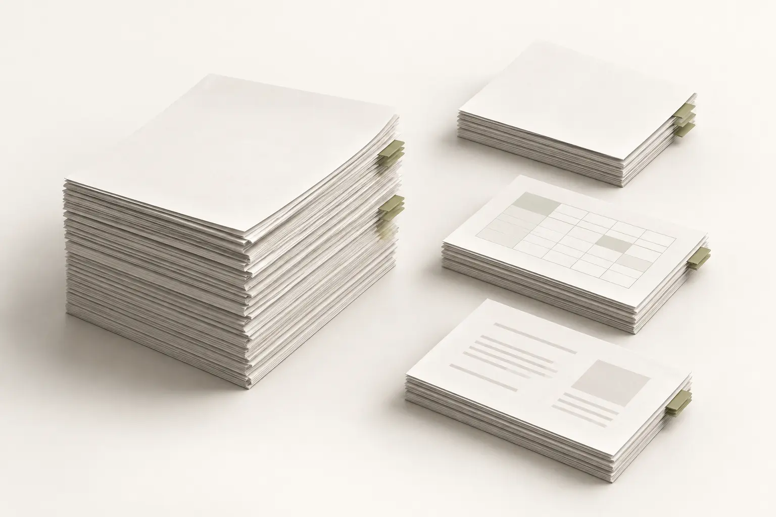 Illustration of a combined paper stack organized into separate document groups.