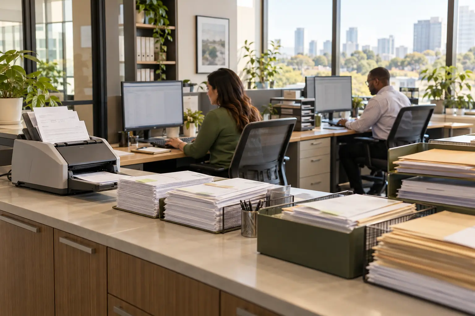 Finance operations team working with payment packets and a document scanner.