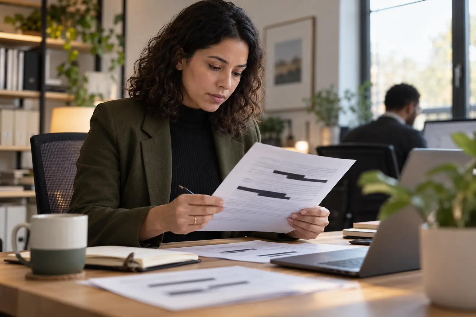 Professional reviewing a document with selected information redacted.